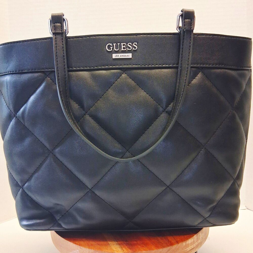 GUESS Black PV Leather Quilted Hand Bag Silver Hardware lined Vegan Pockets EUC